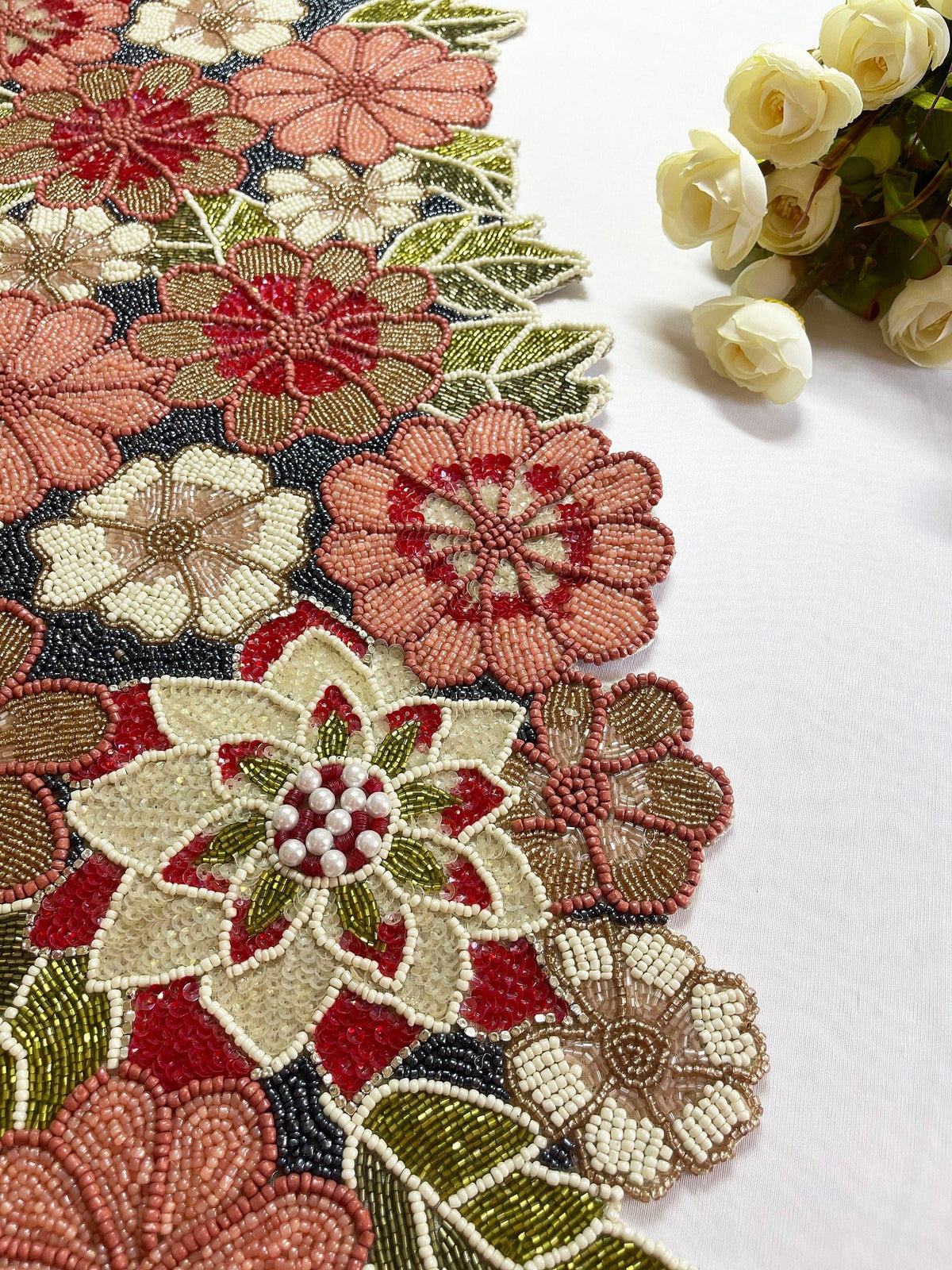 Blossoming Floral Garden Beaded Table Runner