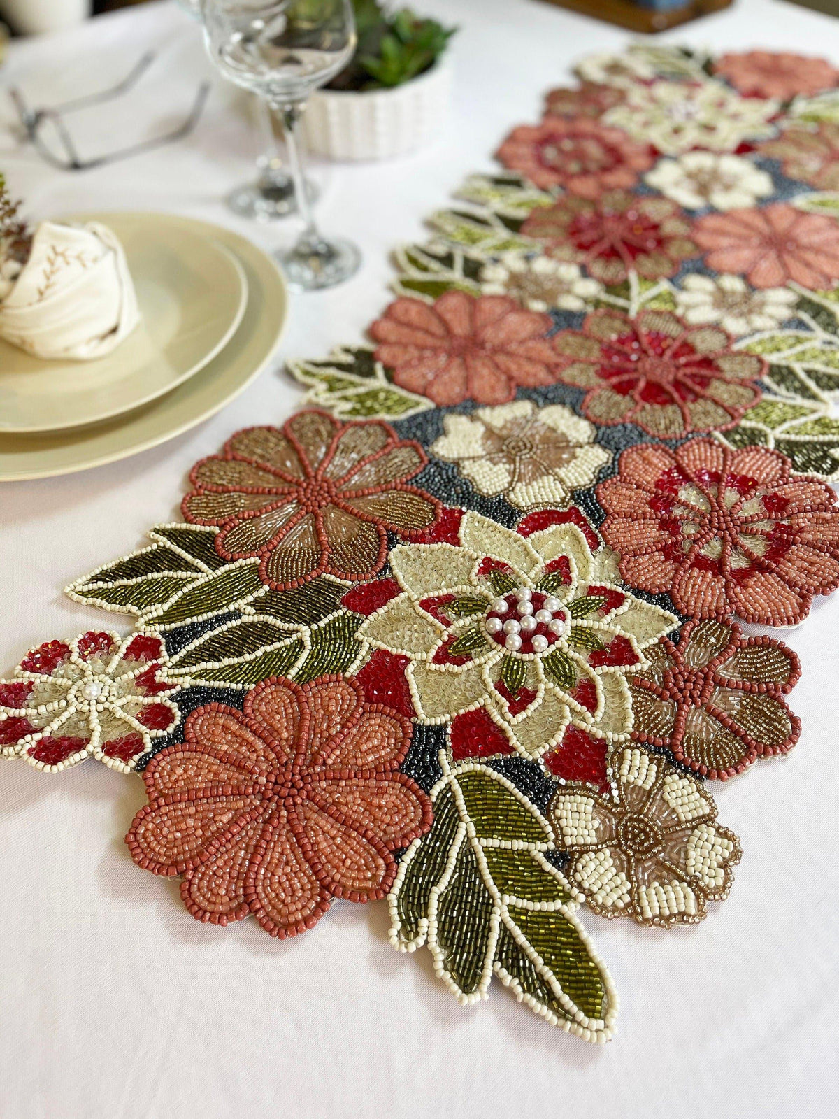 Blossoming Floral Garden Beaded Table Runner