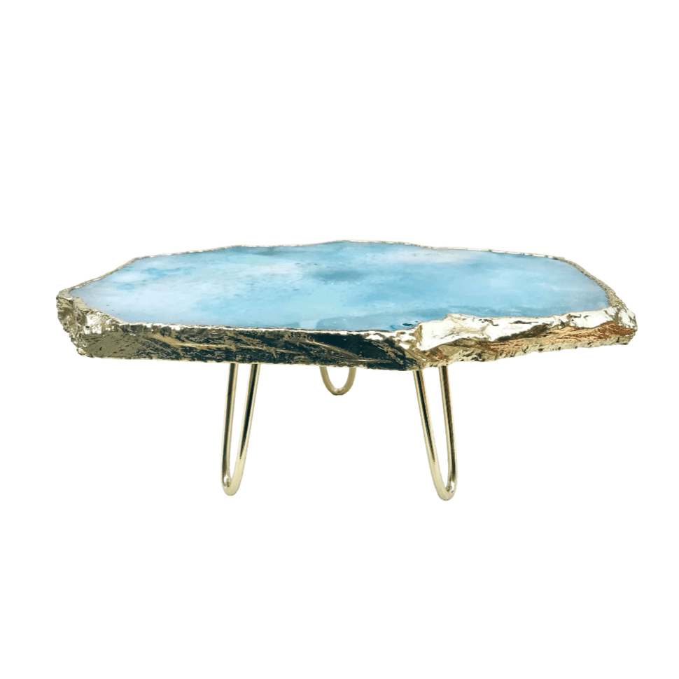 Blue Agate Cake Stand with Brass Legs Gold