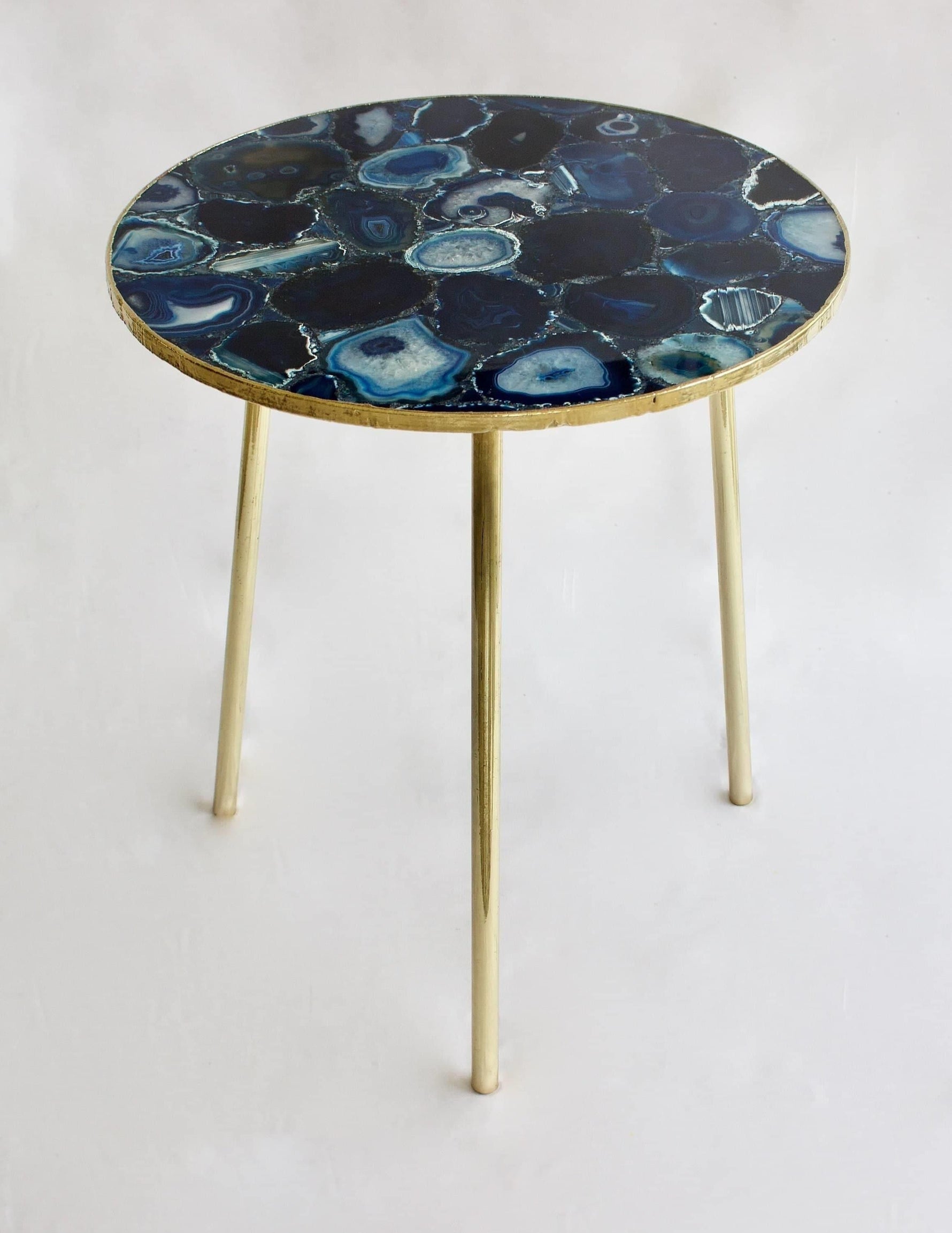 Blue Agate Round Coffee Side Table 16 inches R.Gold Edge & Legs