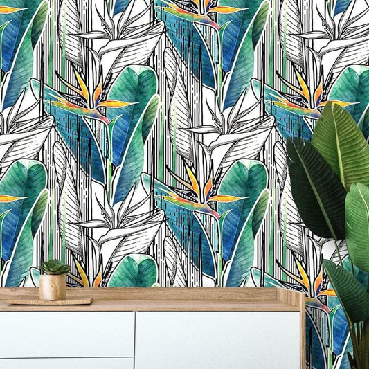 Blue and Green Tropical Banana Leaves and Flowers Wallpaper - MAIA HOMES