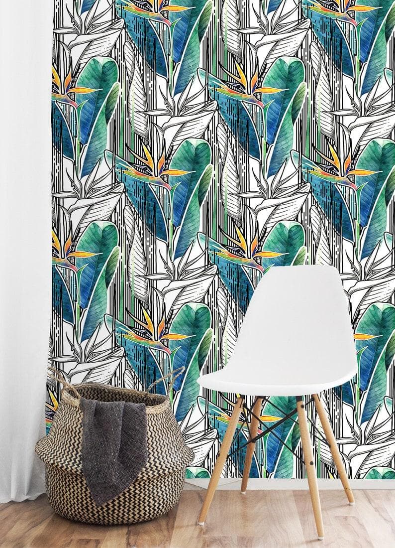 Blue and Green Tropical Banana Leaves and Flowers Wallpaper