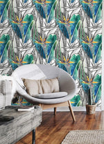 Blue and Green Tropical Banana Leaves and Flowers Wallpaper