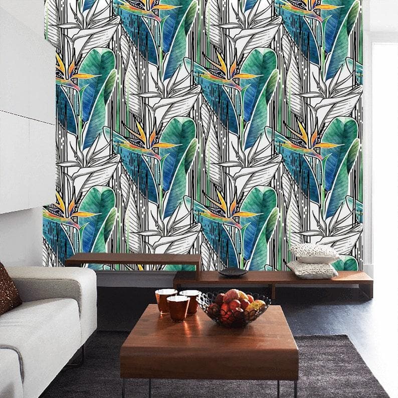 Blue and Green Tropical Banana Leaves and Flowers Wallpaper - MAIA HOMES