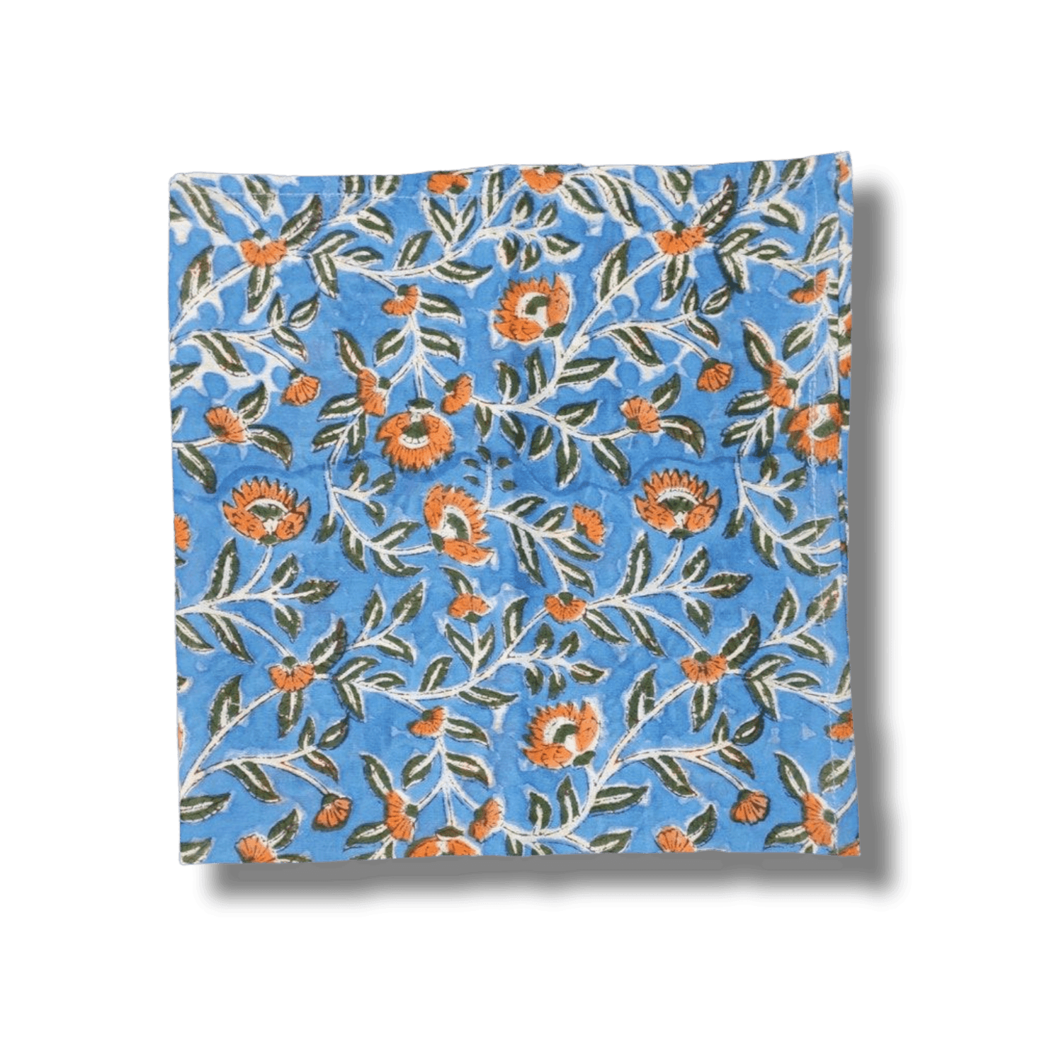 Blue and Orange Floral Block Printed Cotton Napkins