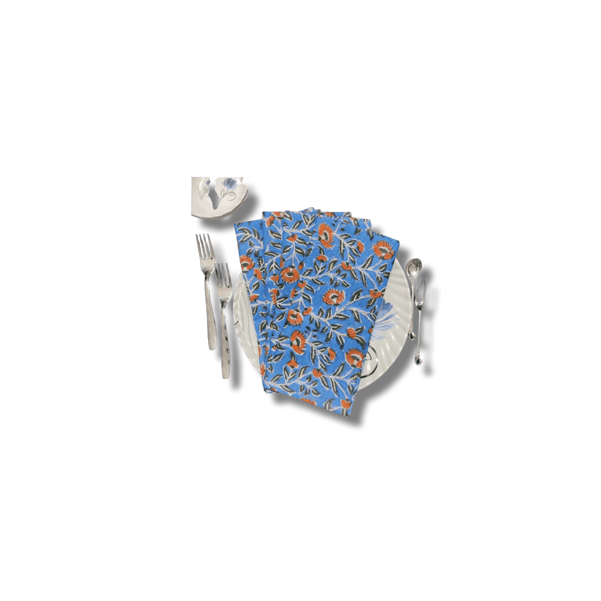 Blue and Orange Floral Block Printed Cotton Napkins