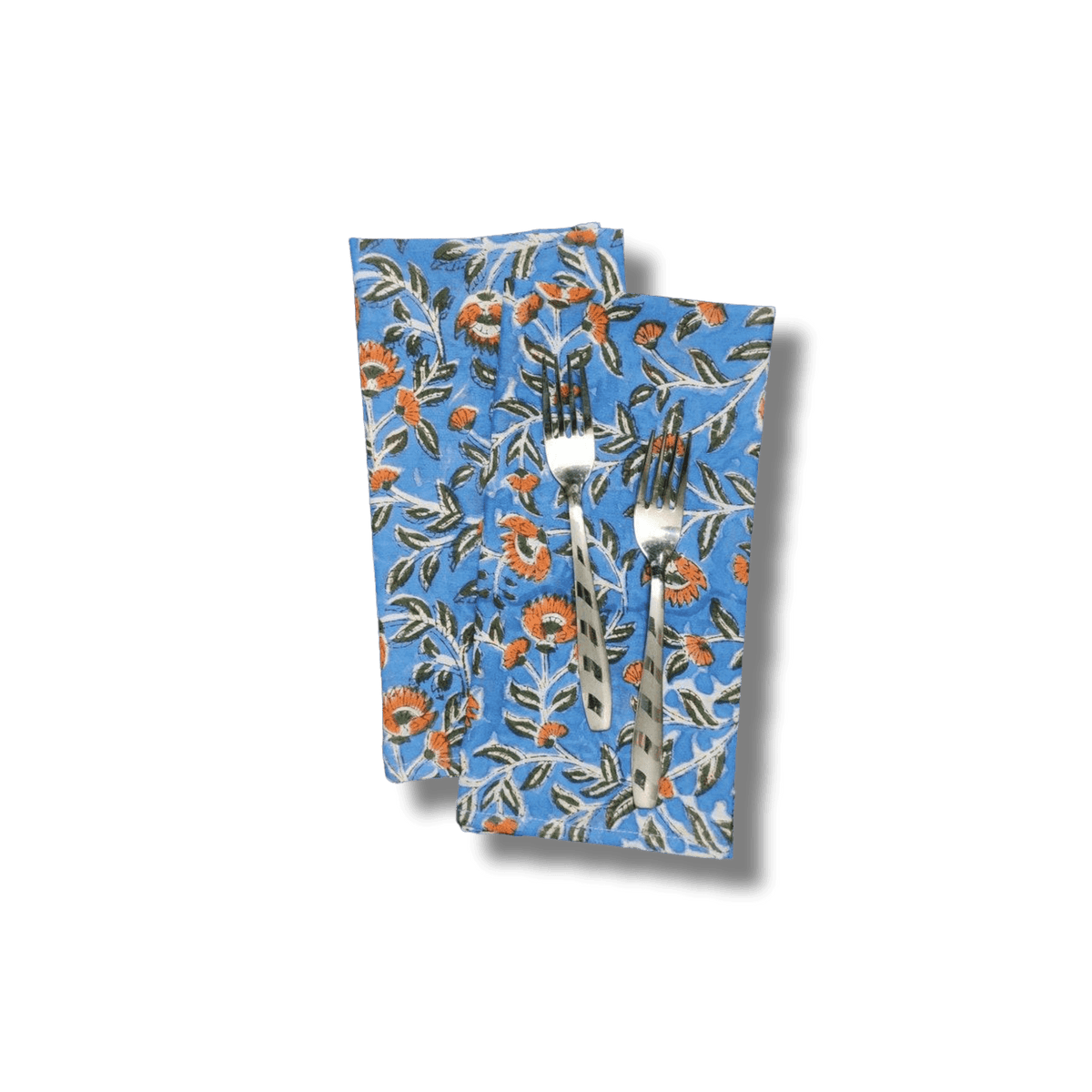 Blue and Orange Floral Block Printed Cotton Napkins