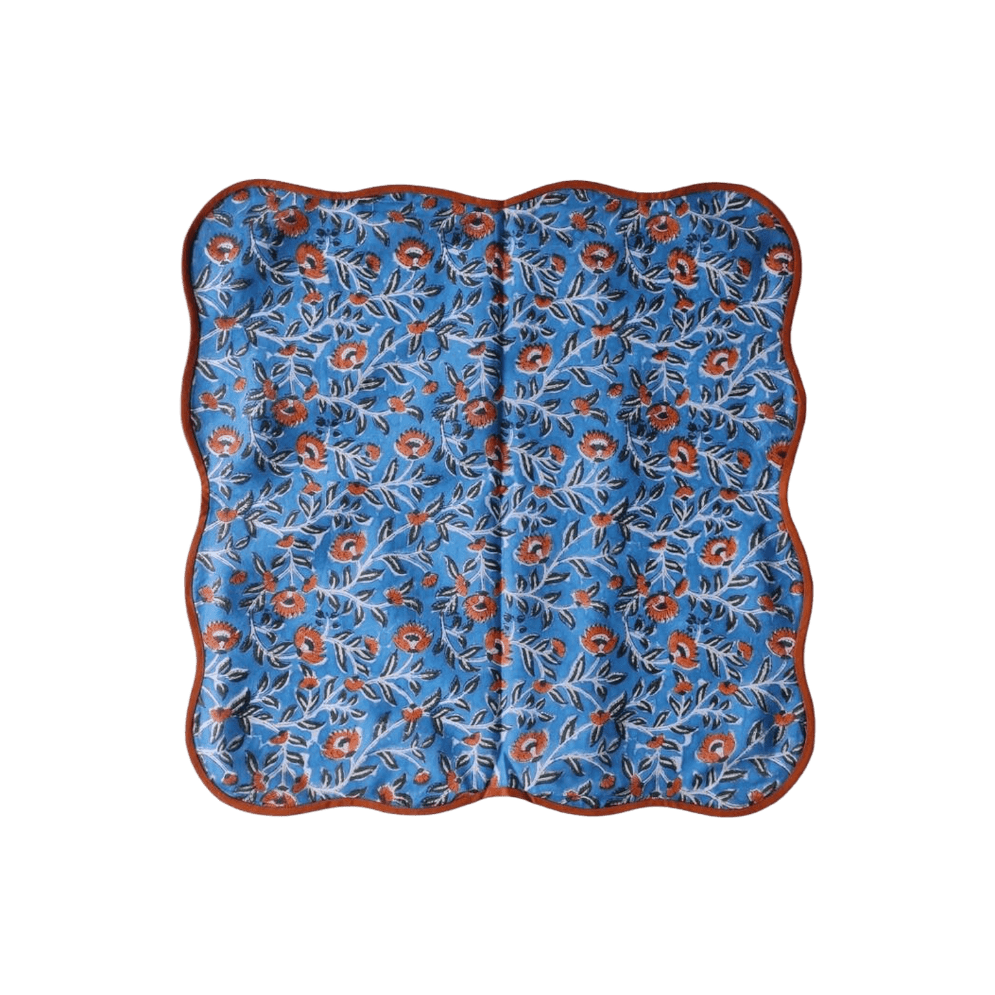 Blue and Orange Floral Block Printed Scalloped Cotton Napkins