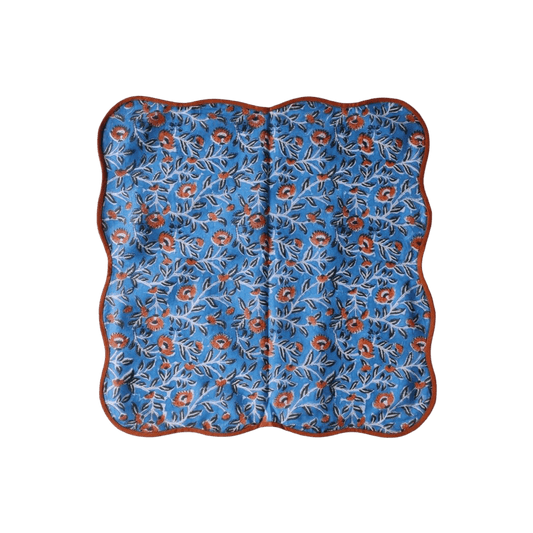 Blue and Orange Floral Block Printed Scalloped Cotton Napkins