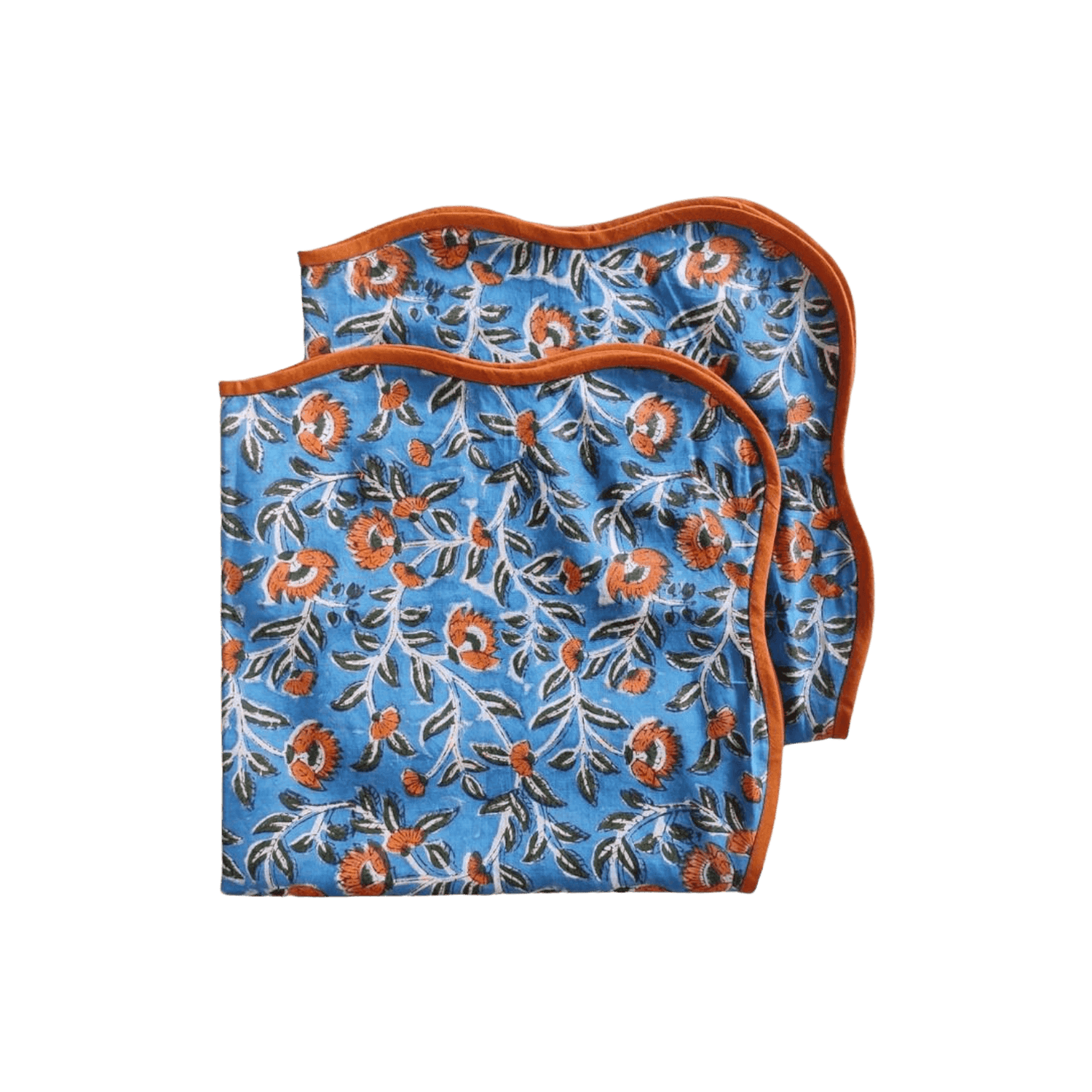 Blue and Orange Floral Block Printed Scalloped Cotton Napkins