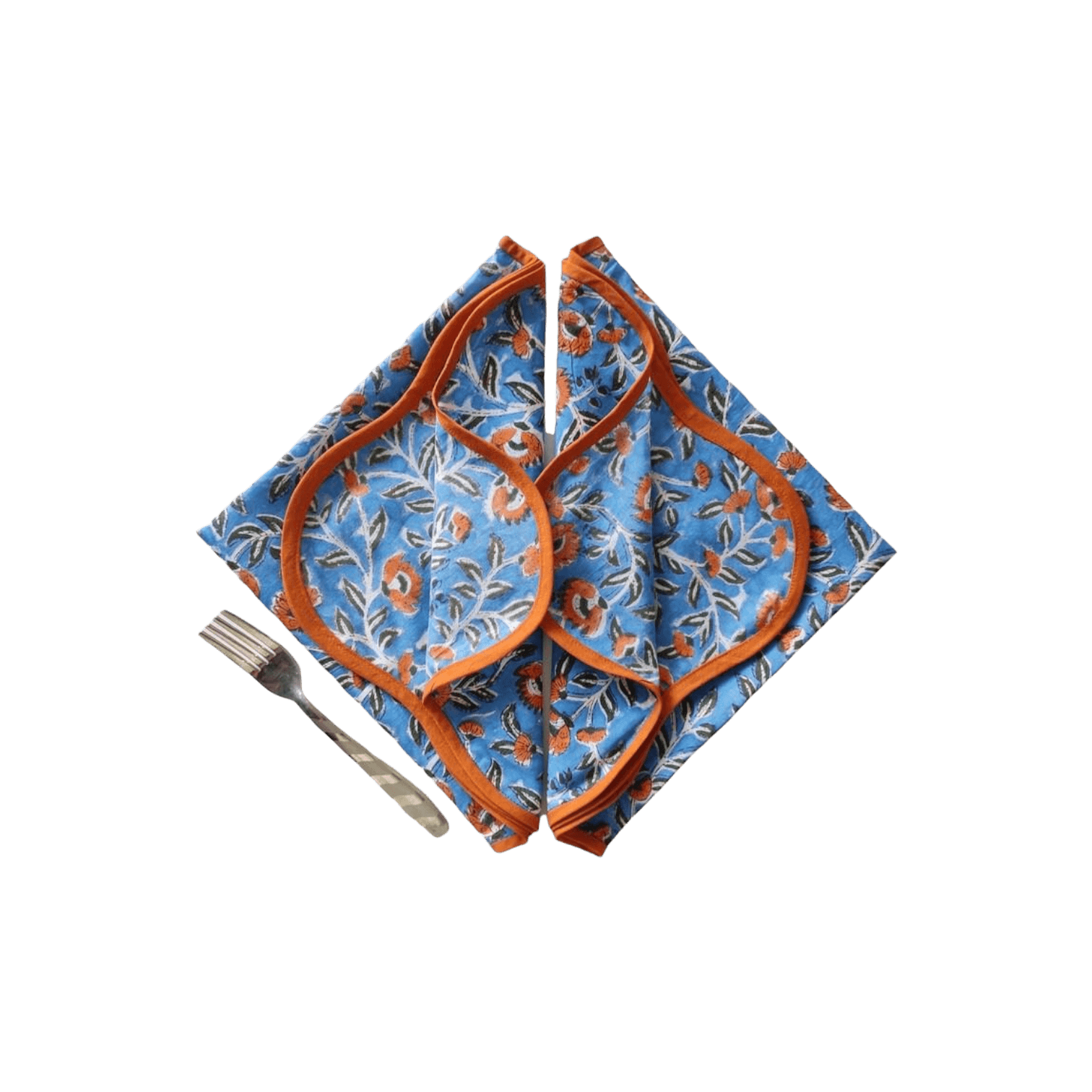 Blue and Orange Floral Block Printed Scalloped Cotton Napkins