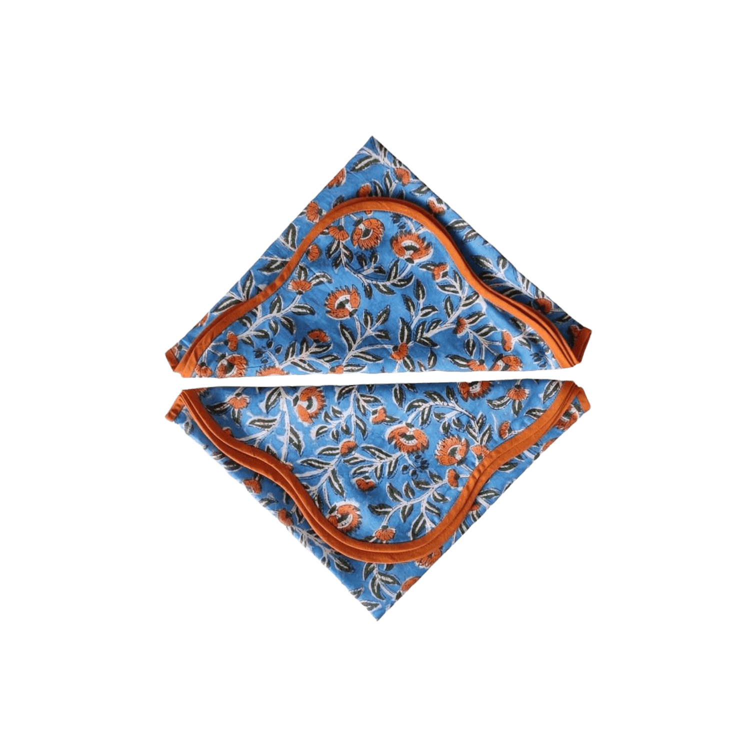 Blue and Orange Floral Block Printed Scalloped Cotton Napkins