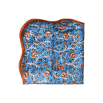 Blue and Orange Floral Block Printed Scalloped Cotton Napkins