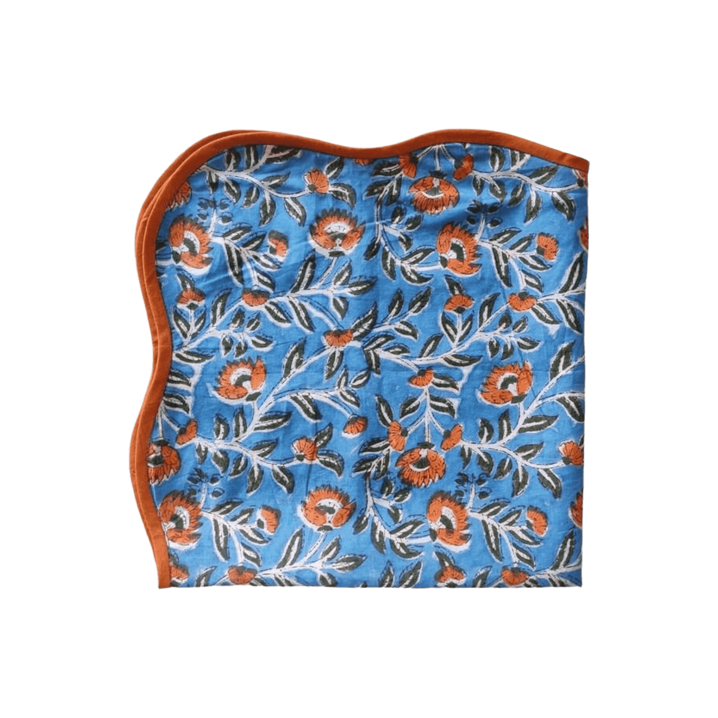 Blue and Orange Floral Block Printed Scalloped Cotton Napkins