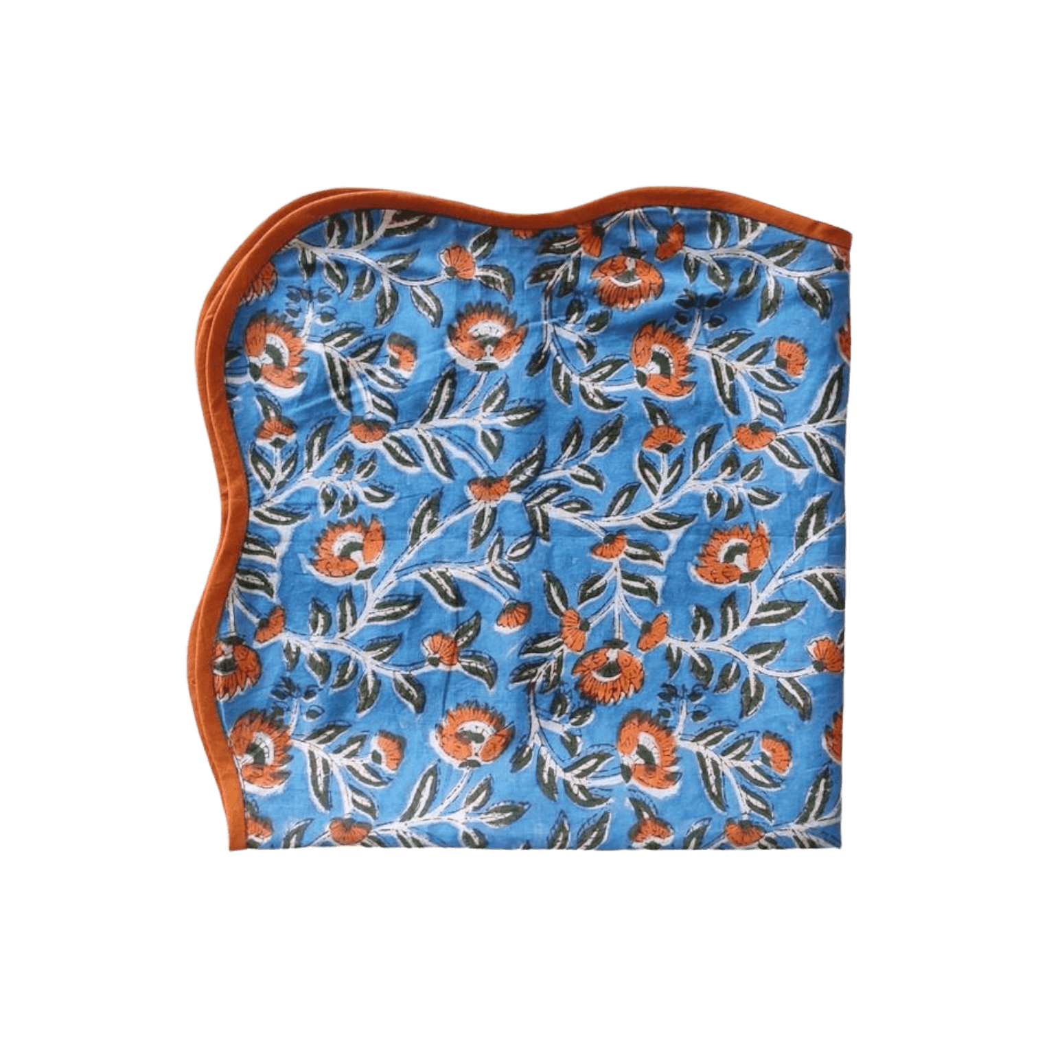 Blue and Orange Floral Block Printed Scalloped Cotton Napkins - MAIA HOMES