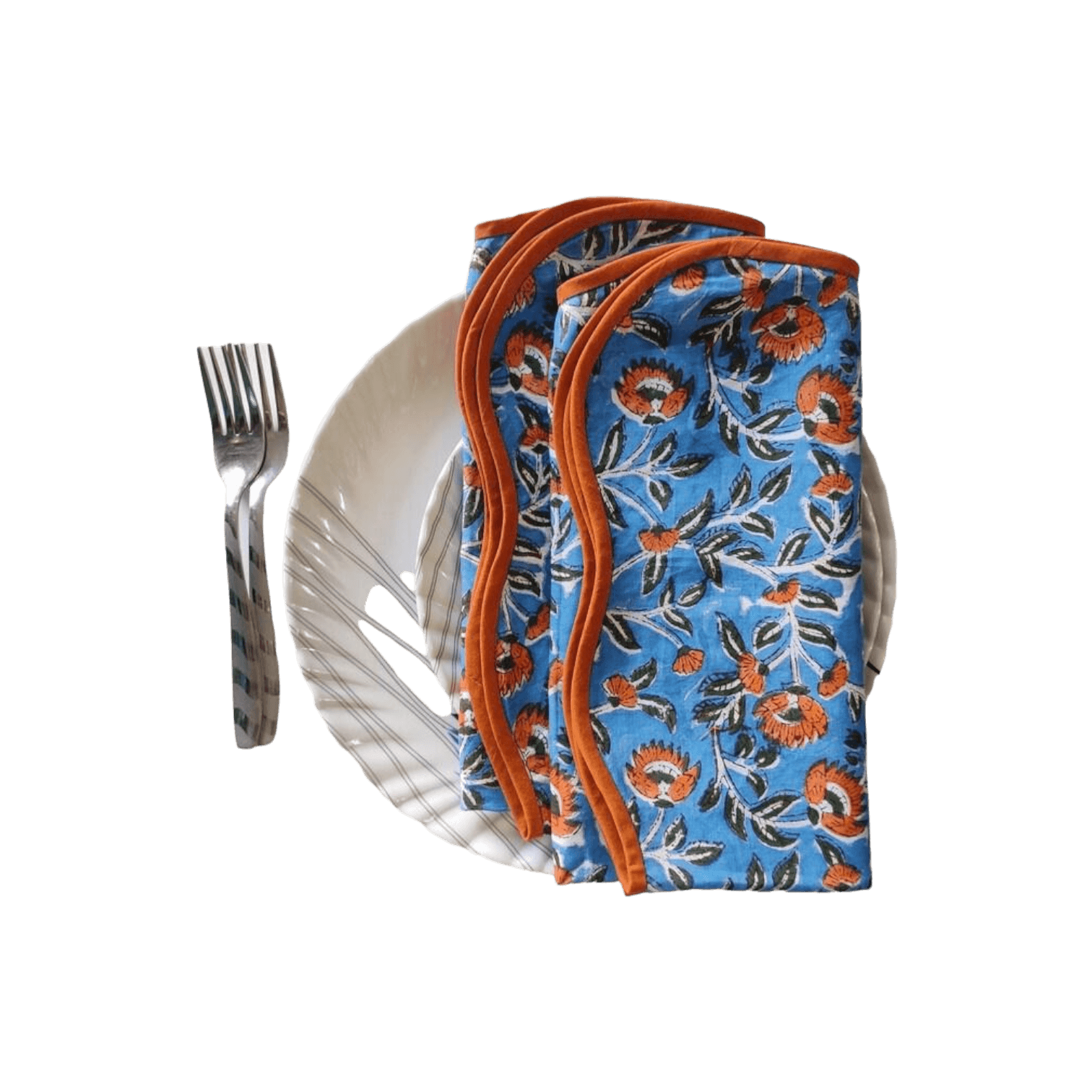 Blue and Orange Floral Block Printed Scalloped Cotton Napkins