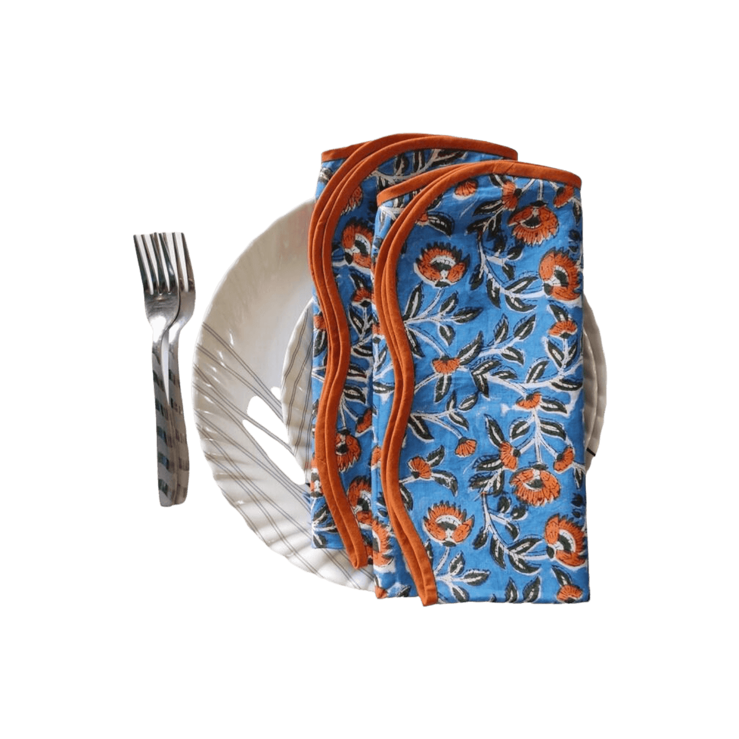 Blue and Orange Floral Block Printed Scalloped Cotton Napkins