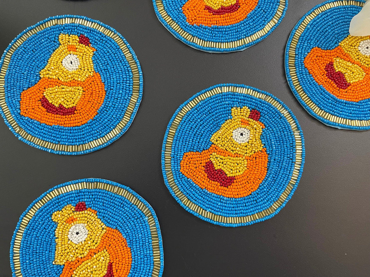 Blue and Orange Hen Round Beaded Coasters