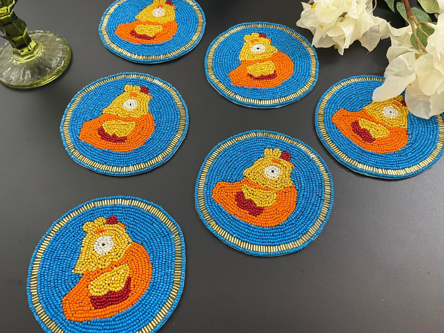 Blue and Orange Hen Round Beaded Coasters - MAIA HOMES