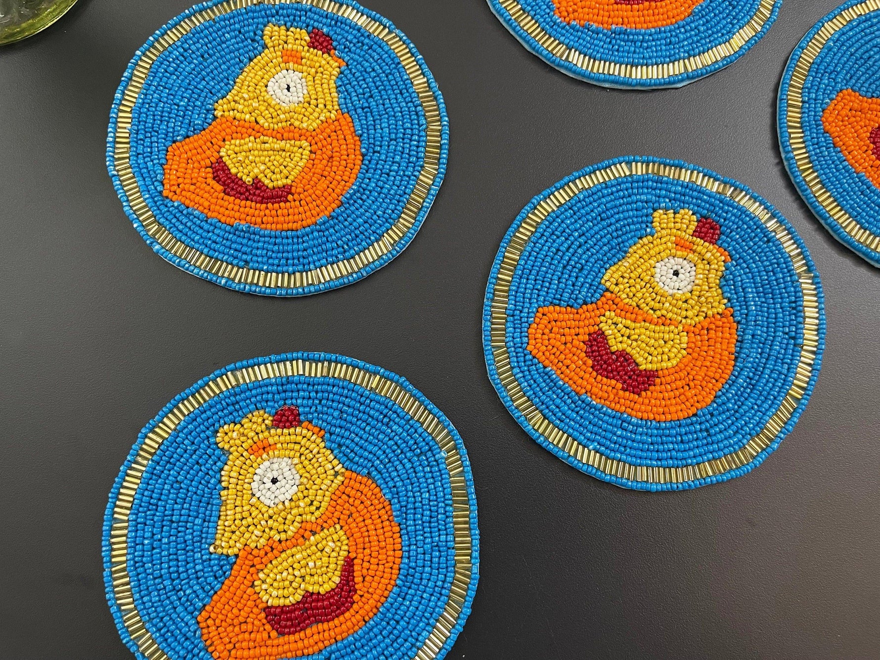 Blue and Orange Hen Round Beaded Coasters