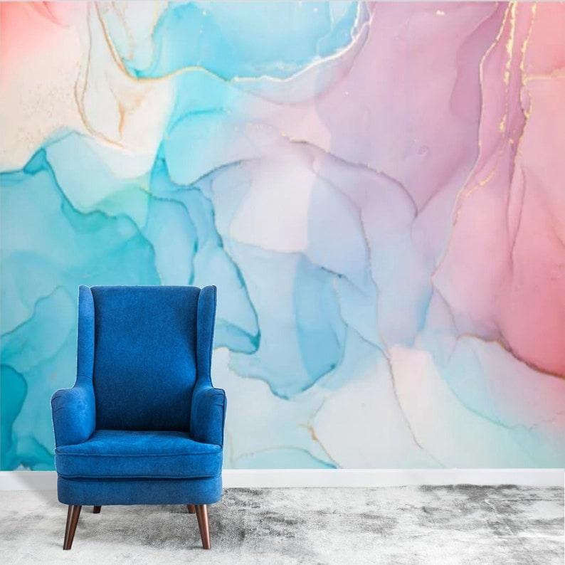 Blue and Pink Abstract Watercolor Marble Wallpaper - MAIA HOMES