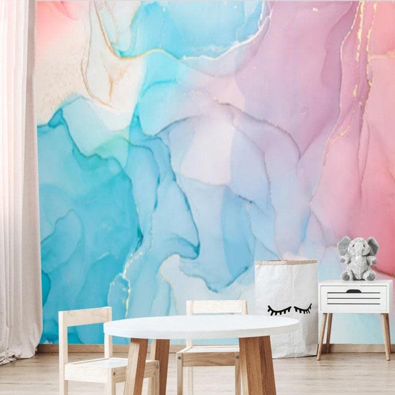Blue and Pink Abstract Watercolor Marble Wallpaper - MAIA HOMES