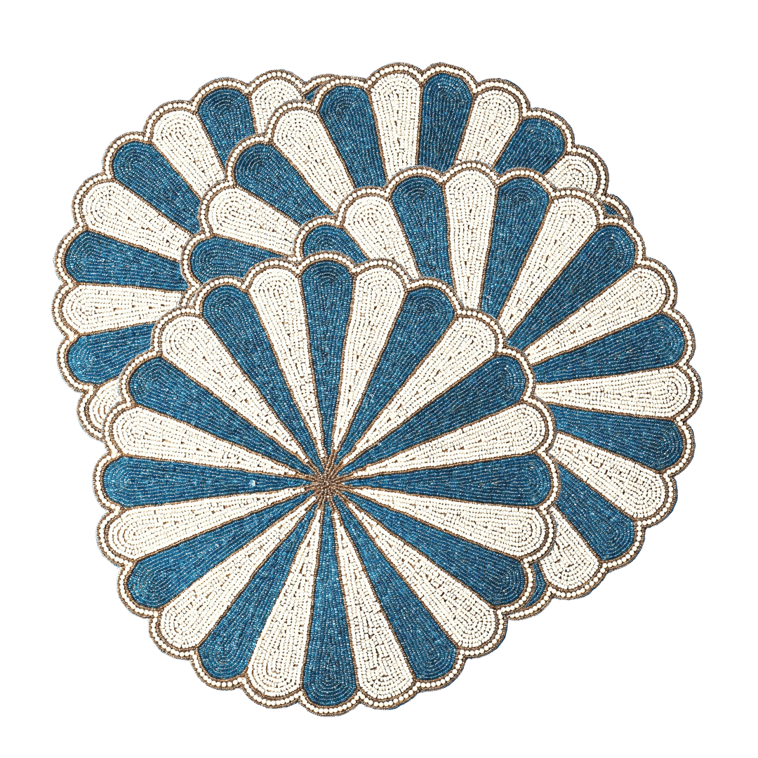 Blue and White Beaded Scallop Round Placemats