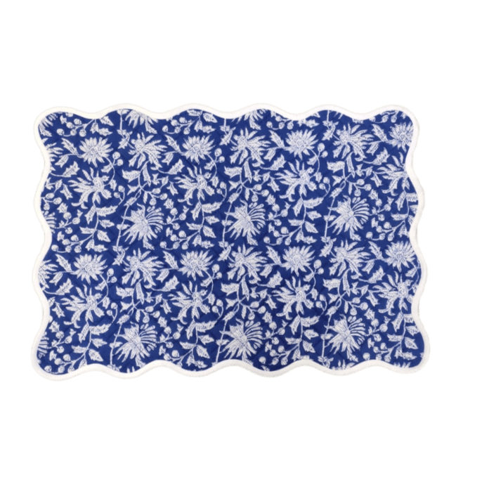 Blue and White Floral Scalloped Cotton Placemats