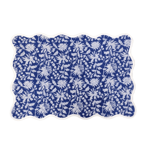 Blue and White Floral Scalloped Cotton Placemats - MAIA HOMES