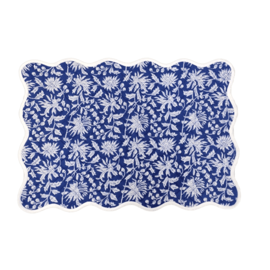 Blue and White Floral Scalloped Cotton Placemats - MAIA HOMES