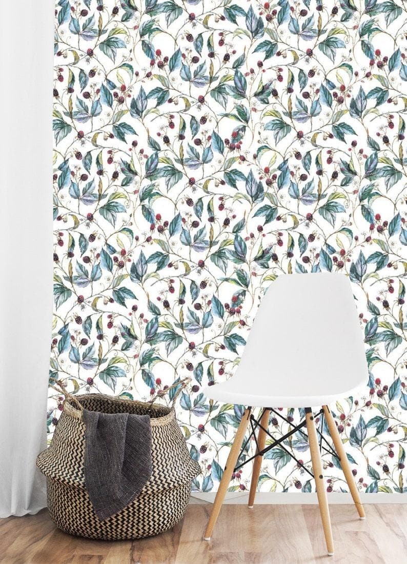 Blue and White Watercolor Botanical Wallpaper - MAIA HOMES
