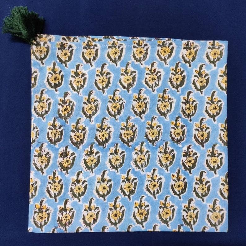 Blue and Yellow Floral Hand Block Printed Cotton Napkins