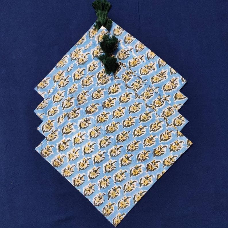 Blue and Yellow Floral Hand Block Printed Cotton Napkins