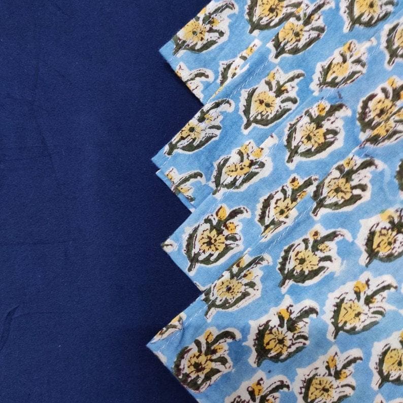 Blue and Yellow Floral Hand Block Printed Cotton Napkins - MAIA HOMES