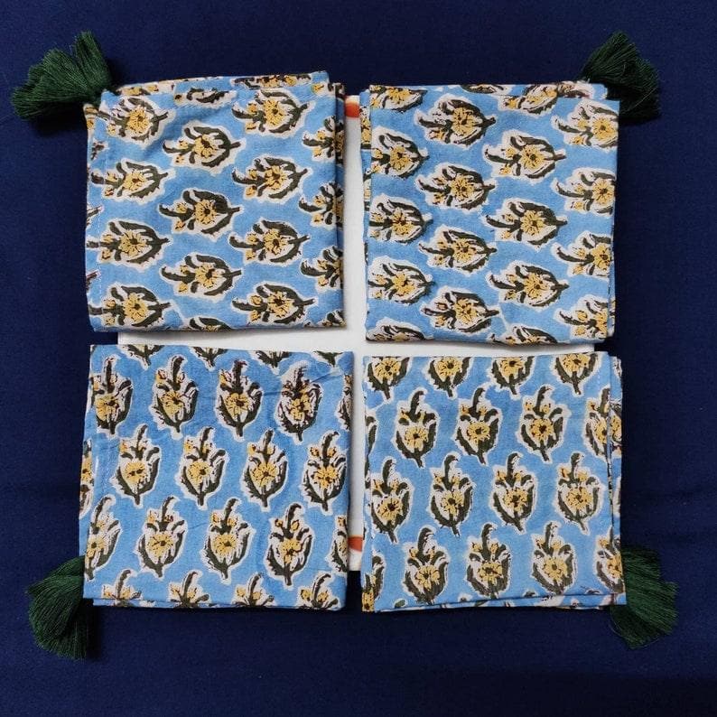 Blue and Yellow Floral Hand Block Printed Cotton Napkins