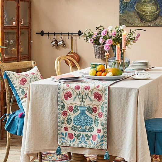 Blue Bohemian Floral Wool Table Runner with Tassels