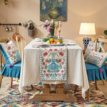 Blue Bohemian Floral Wool Table Runner with Tassels Jacquard Blue