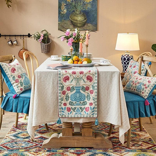 Blue Bohemian Floral Wool Table Runner with Tassels - MAIA HOMES