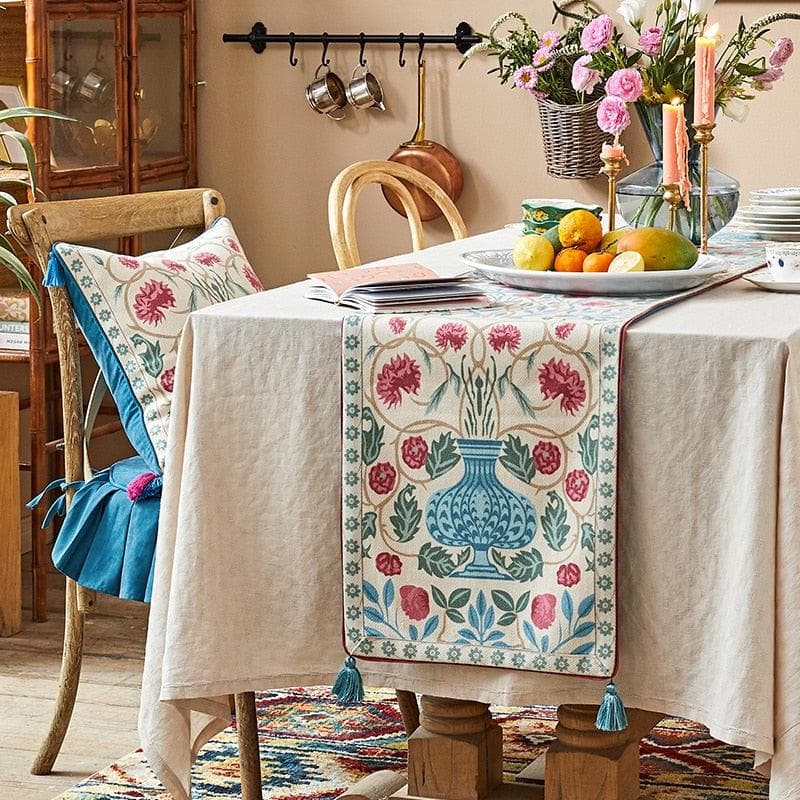 Blue Bohemian Floral Wool Table Runner with Tassels