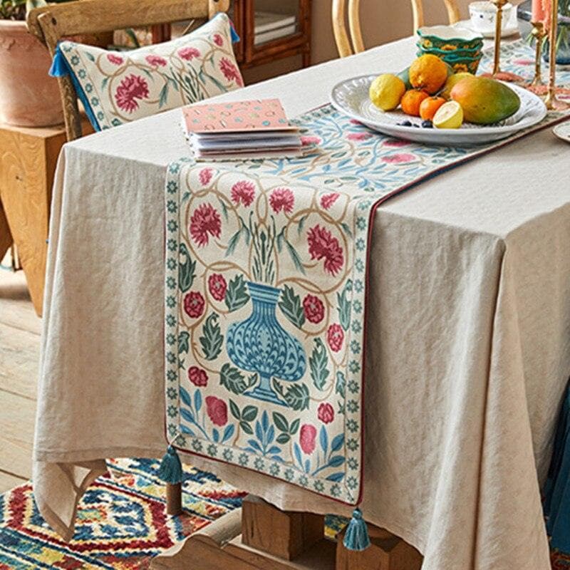 Blue Bohemian Floral Wool Table Runner with Tassels