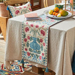 Blue Bohemian Floral Wool Table Runner with Tassels