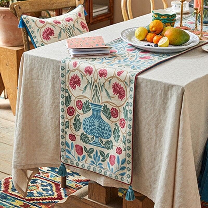 Blue Bohemian Floral Wool Table Runner with Tassels - MAIA HOMES