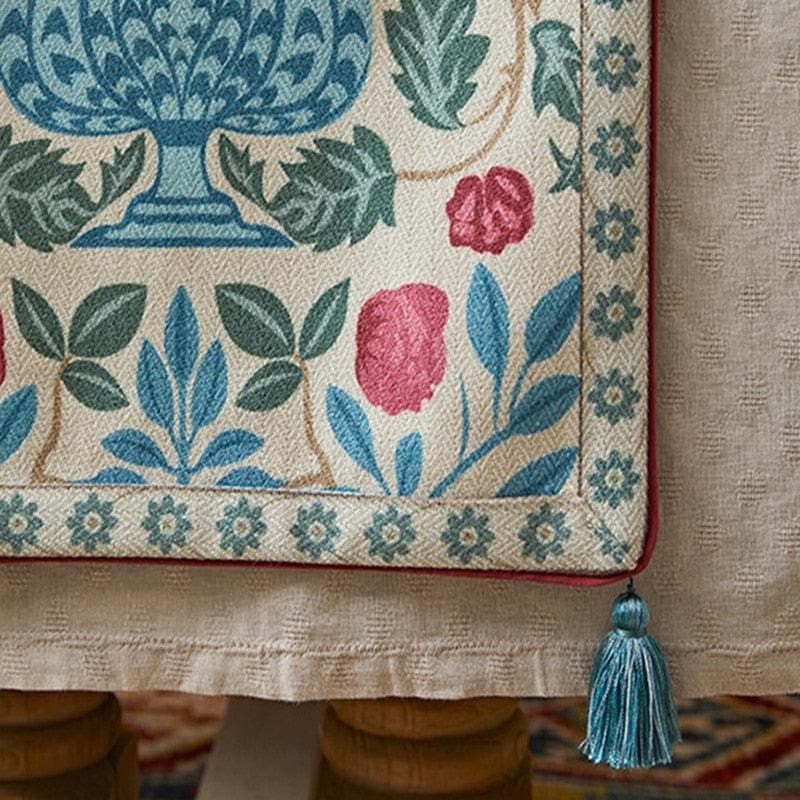 Blue Bohemian Floral Wool Table Runner with Tassels