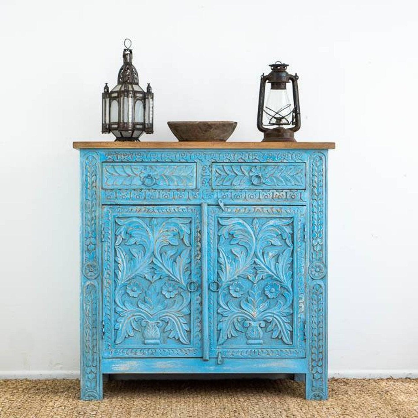 Blue Bohemian Hand Carved Wooden Cabinet - MAIA HOMES
