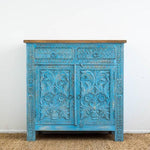 Blue Bohemian Hand Carved Wooden Cabinet