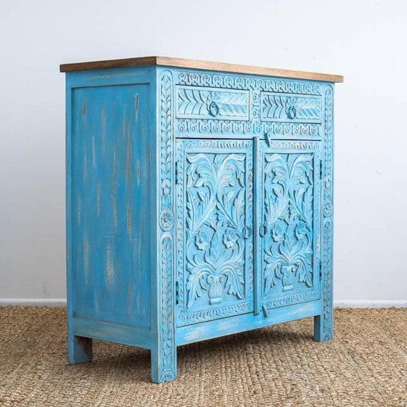 Blue Bohemian Hand Carved Wooden Cabinet