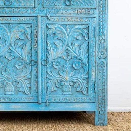 Blue Bohemian Hand Carved Wooden Cabinet