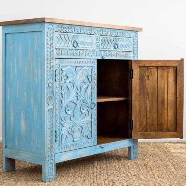 Blue Bohemian Hand Carved Wooden Cabinet - MAIA HOMES