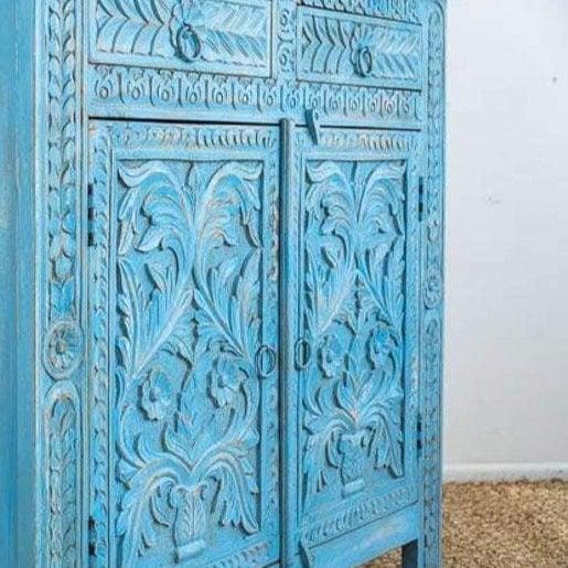 Blue Bohemian Hand Carved Wooden Cabinet