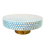 Blue Bone Inlay Brass Leg Round Coffee Table with a star-patterned mosaic top on a cylindrical brass base